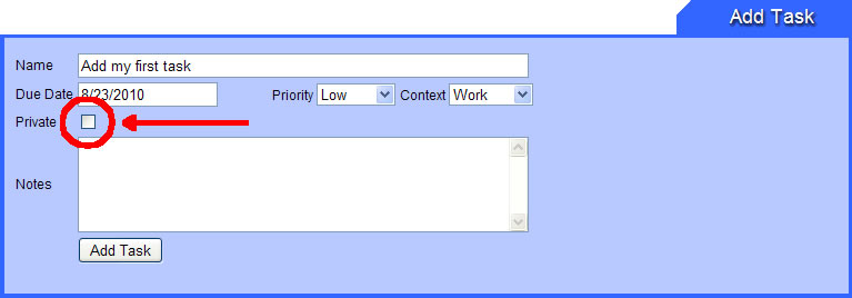 Task101 Add Task page Private checkbox highlighted