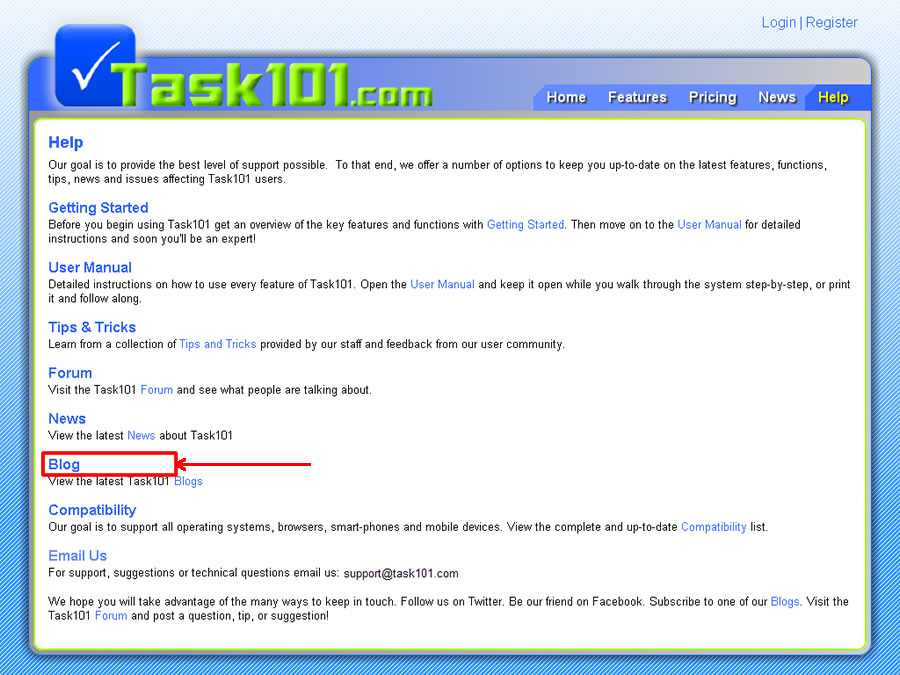 Task101 Help page Blog highlighted