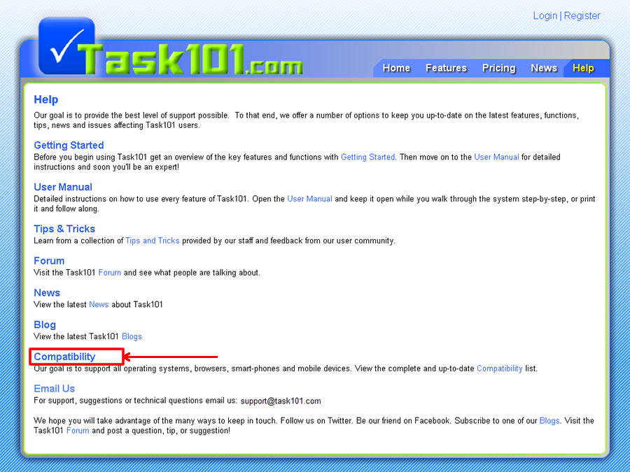 Task101 Help page Compatibility highlighted