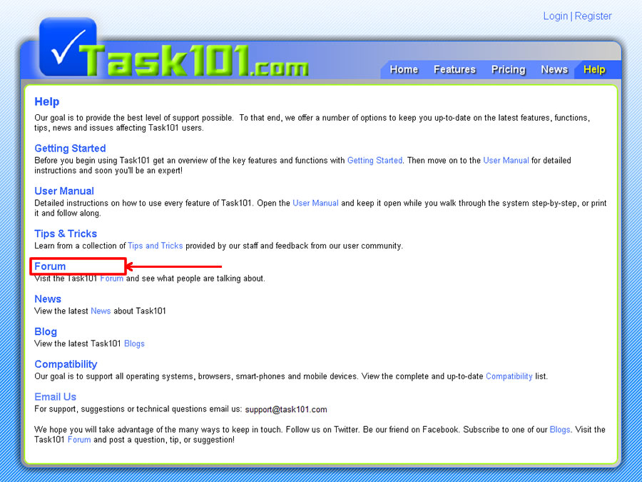Task101 Help page Forum highlighted