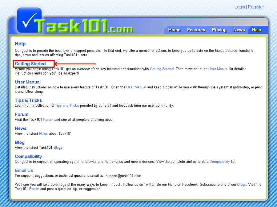 Task101 Help page Getting Started highlighted