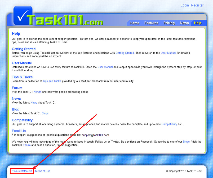 Task101 Help page Privacy Statement highlighted