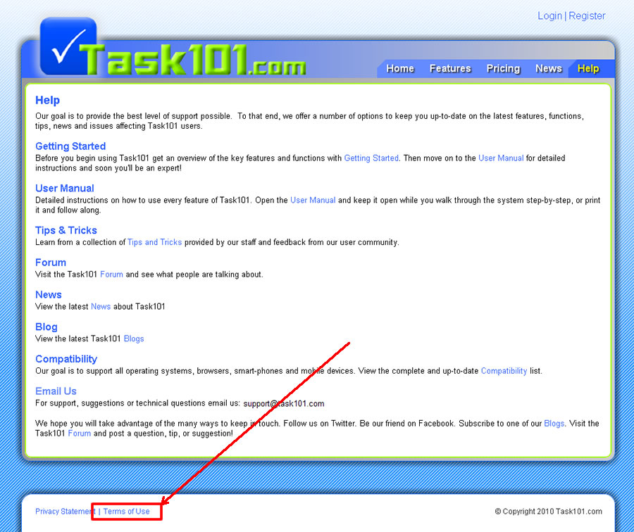 Task101 Help page Terms of Use highlighted