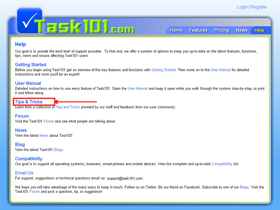 Task101 Help page Tips & Tricks highlighted