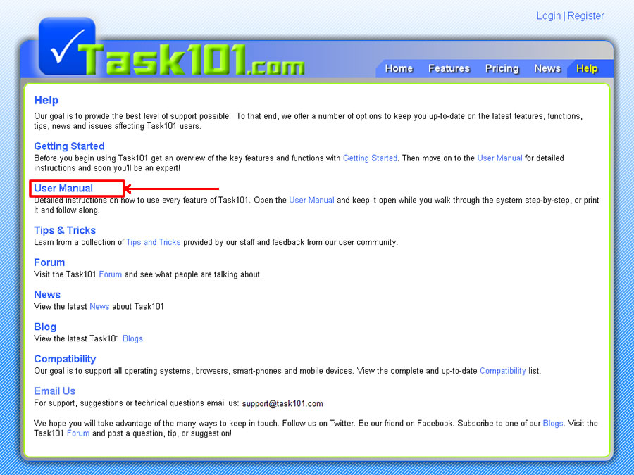 Task101 Help page User Manual Highlighted