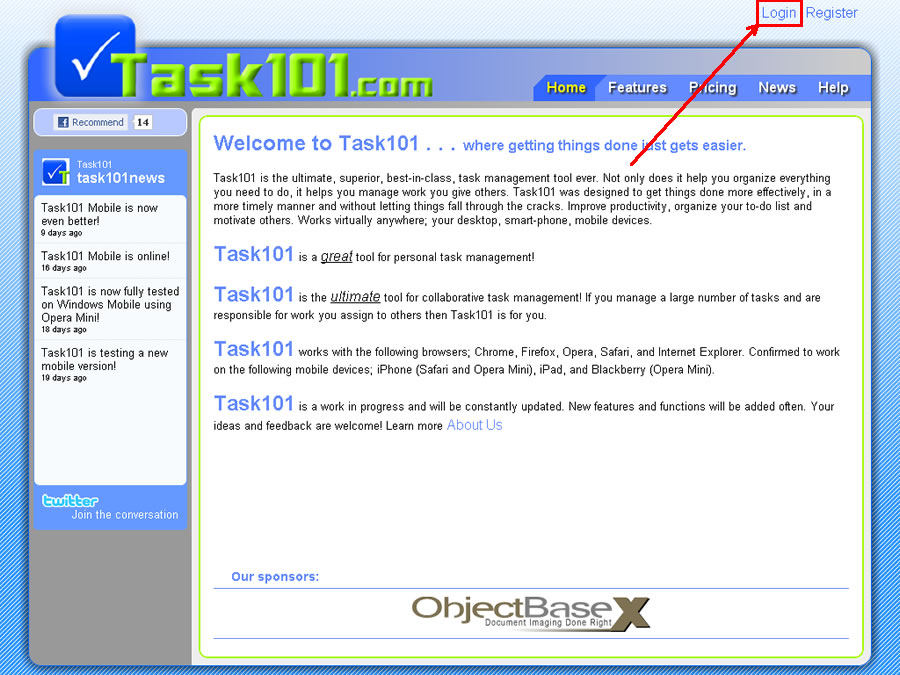 Task101 Home page login link