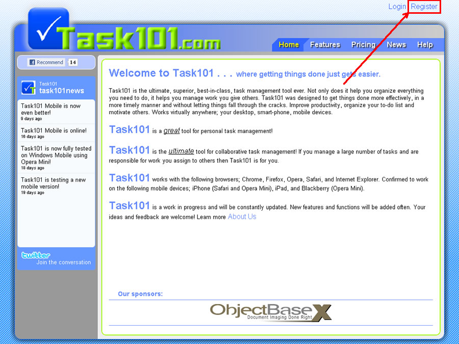 Task101 Home page registration link