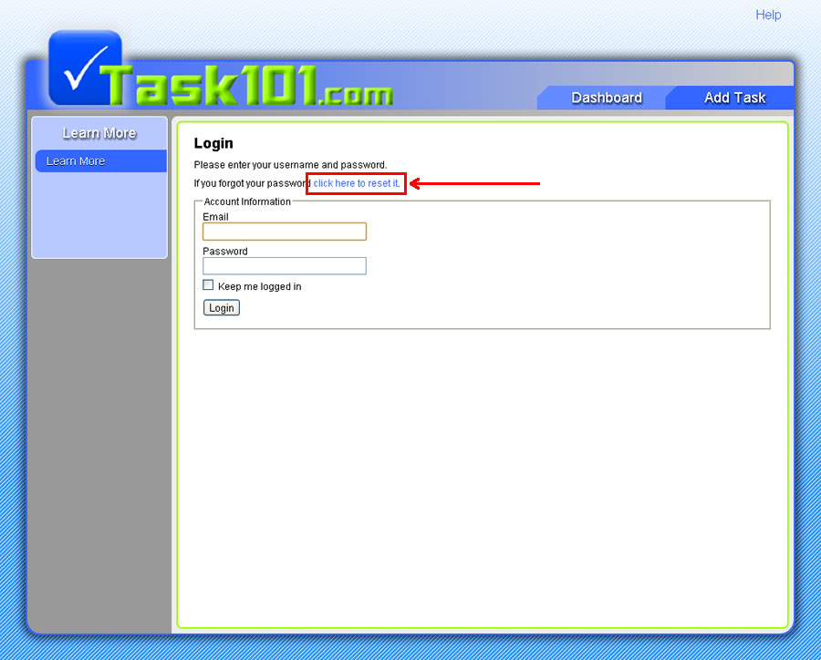 Task101 reset password link highlighted