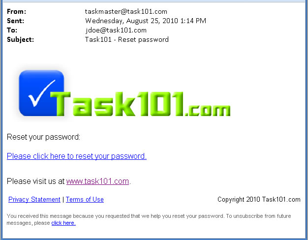 Task101 Reset Password Email