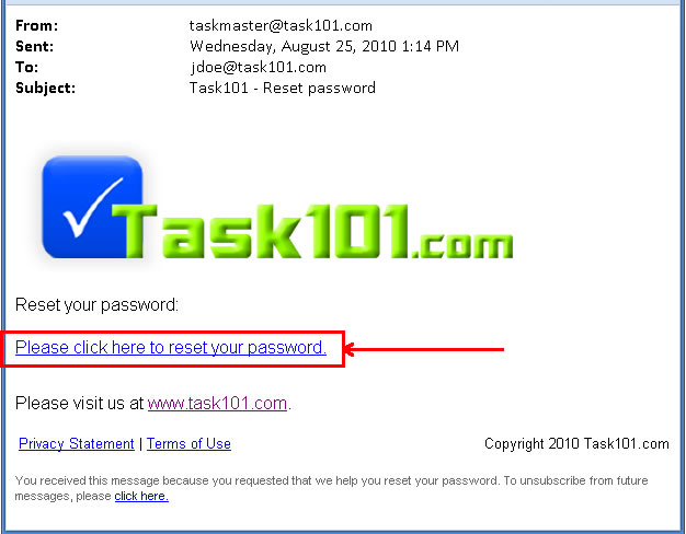 Task101 Reset Password Email reset your password highlighted